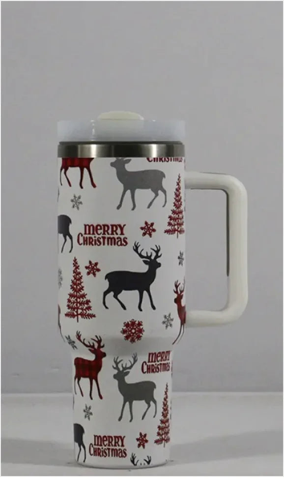 Christmas Stainless Steel Travel Mug with Handle, Lid, and Straw